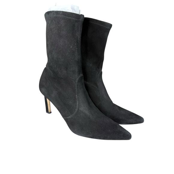 Stuart Weitzman Black Suede Sock Ankle Boots Pointed Toe Size 10M Heels - Picture 6 of 13